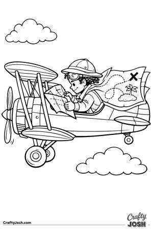 Explorer pilot with treasure map flapping from biplane cockpit