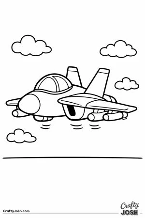 F 18 hornet cartoon floating low over the ground for toddlers