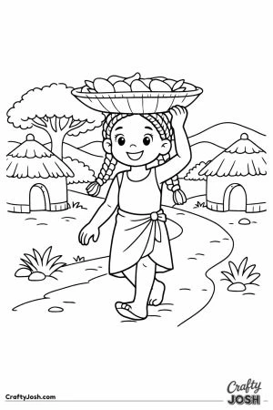 Girl carrying basket through village