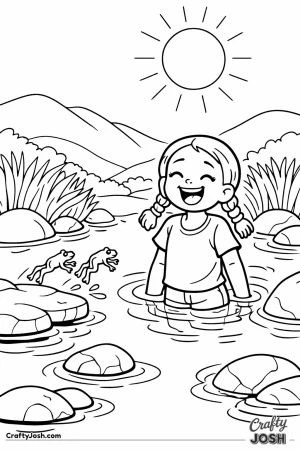 Girl in highland stream with jumping frogs