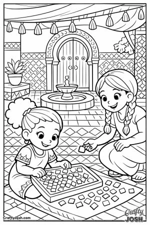 Girl making mosaic in tunisian courtyard