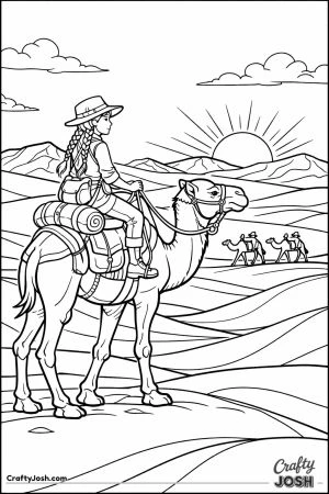 Girl riding camel across sahara dunes