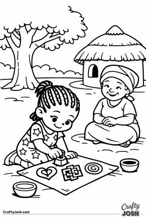 Girl stamping adinkra symbols on cloth