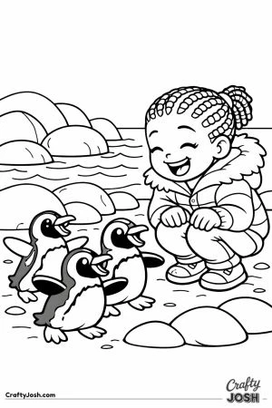 Girl with african penguins on boulder beach