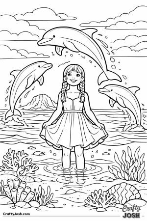 Girl with dolphins leaping mauritius ocean