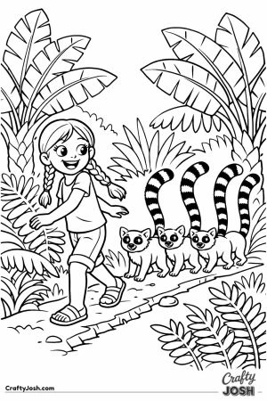 Girl with lemurs following in line madagascar