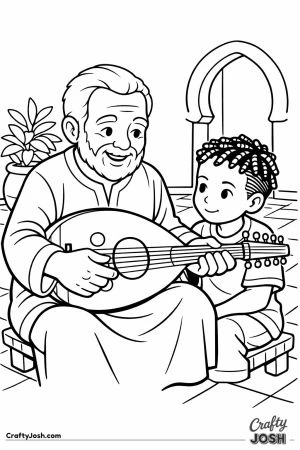 Grandfather teaching boy to play oud