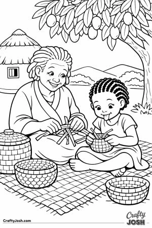 Grandmother teaching girl basket weaving zimbabwe