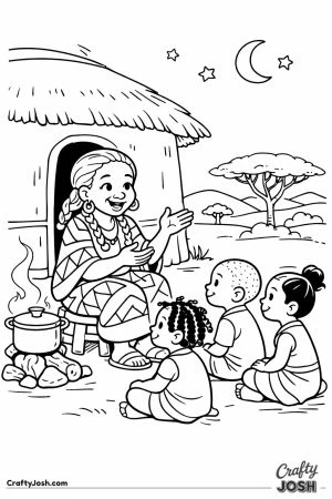 Grandmother telling story to children outside hut