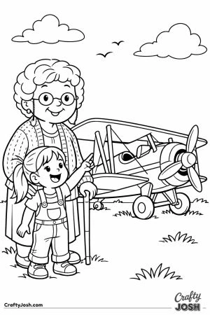 Grandparent with cane and grandchild beside a grass strip biplane