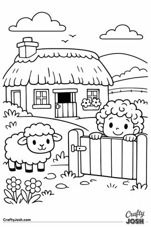 Irish thatched cottage child sheep