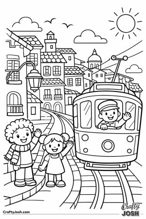 Lisbon yellow tram children waving