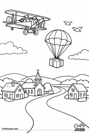 Mail biplane dropping a parcel by parachute over a village