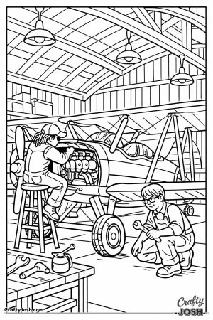 Mechanics working on a biplane inside a hangar