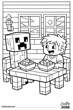 Minecraft creeper and player sharing meal