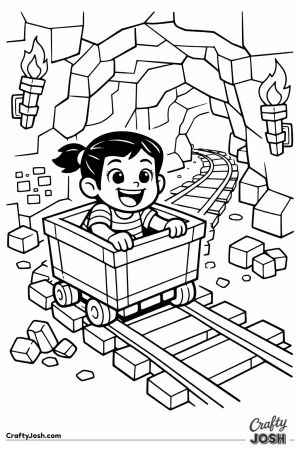 Minecraft player riding minecart through cave