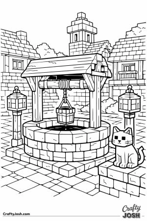 Minecraft village well with lanterns and cat