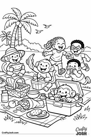 Monkeys raiding picnic children chasing