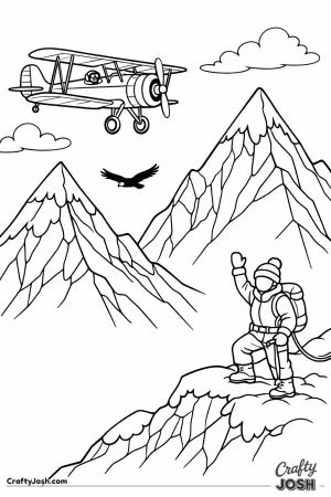 Mountain rescue biplane flying over snow peaks with waving climber