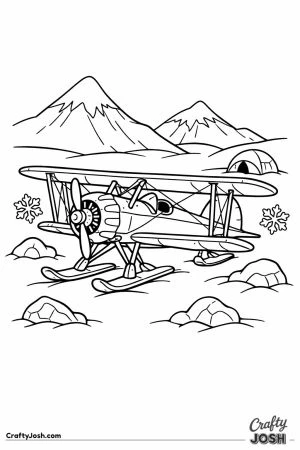 Polar exploration biplane on skis with snow mountains