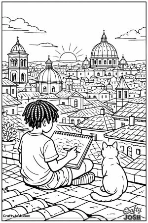 Rome rooftop panorama child sketching