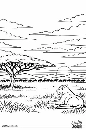 Serengeti dawn lioness watching wildebeest