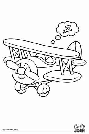 Sleepy cartoon biplane with closed eyes and dream bubble
