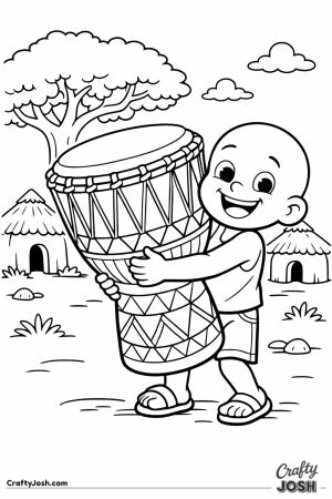 Small boy carrying big djembe drum