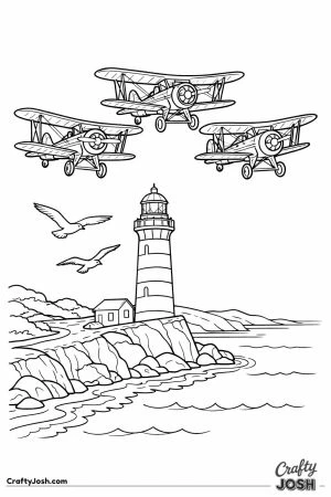 Three biplanes in formation flying over a lighthouse