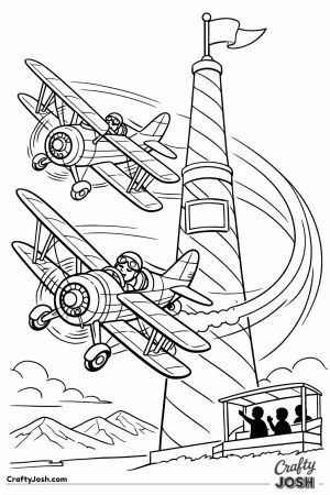 Two biplanes racing around a tall striped pylon