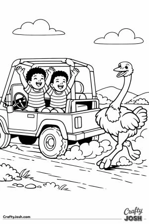 Two boys in safari jeep with ostrich