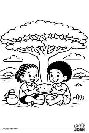 Two children sharing food under acacia