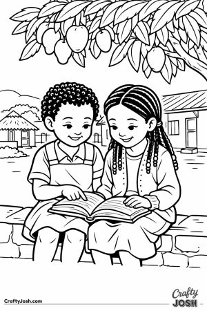 Two girls reading together outside school