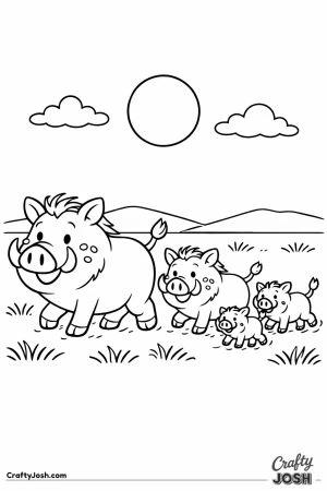 Warthog family trotting in line