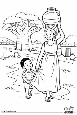 Woman carrying water jug with small boy