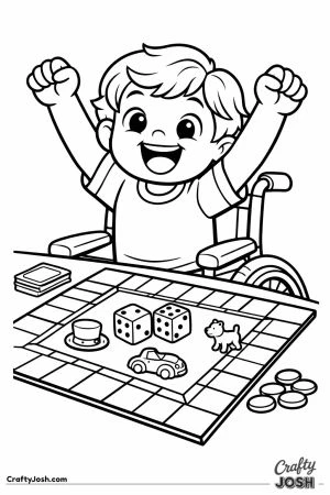 A child cheering a win at the board game table
