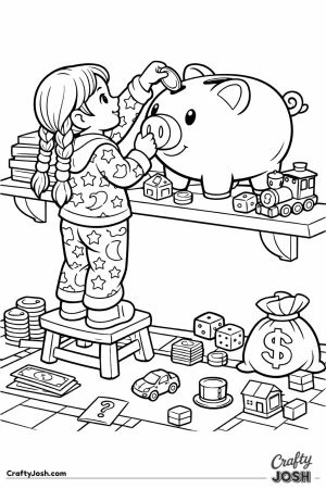 A child feeding a tall piggy bank