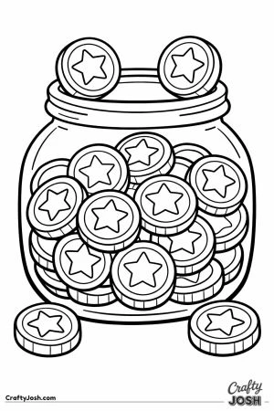 A coin jar filled with round coins