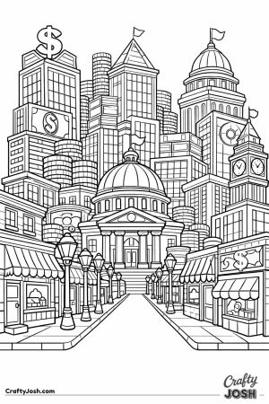A detailed money city skyline with bank towers