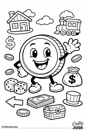 A happy coin character waving
