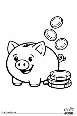 A happy piggy bank with coins beside it