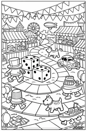 A lively board game festival scene with a winding path