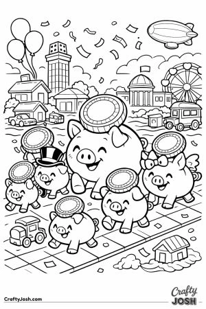 A parade of piggy banks carrying coins