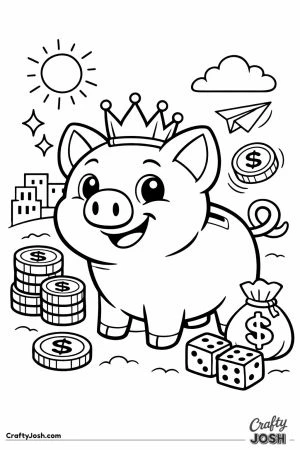 A piggy bank wearing a crown