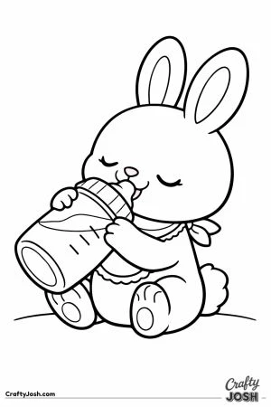 Baby bunny drinking from a big bottle while wearing a bib