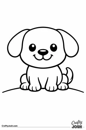 Big friendly round puppy sitting and smiling for toddlers