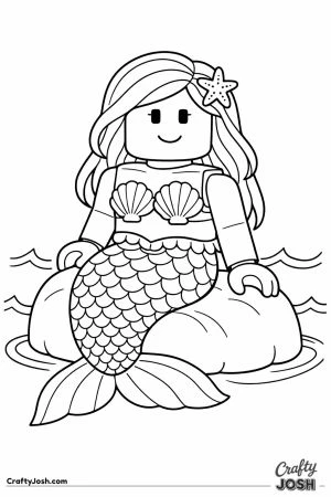 Blocky fashion doll avatar dressed as a mermaid on a rock