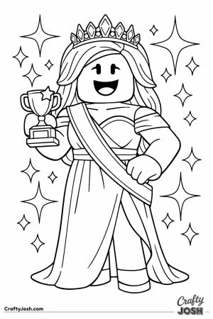 Blocky fashion doll avatar in a glamorous winning look with a trophy