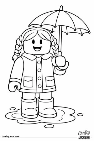 Blocky fashion doll avatar in a raincoat holding an umbrella