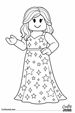 Blocky fashion doll avatar in a sparkly star covered gown